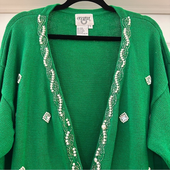 Cervelle Vintage Beaded Pearl Embellished V Neck Cardigan Sweater Kelly Green - Picture 3 of 6